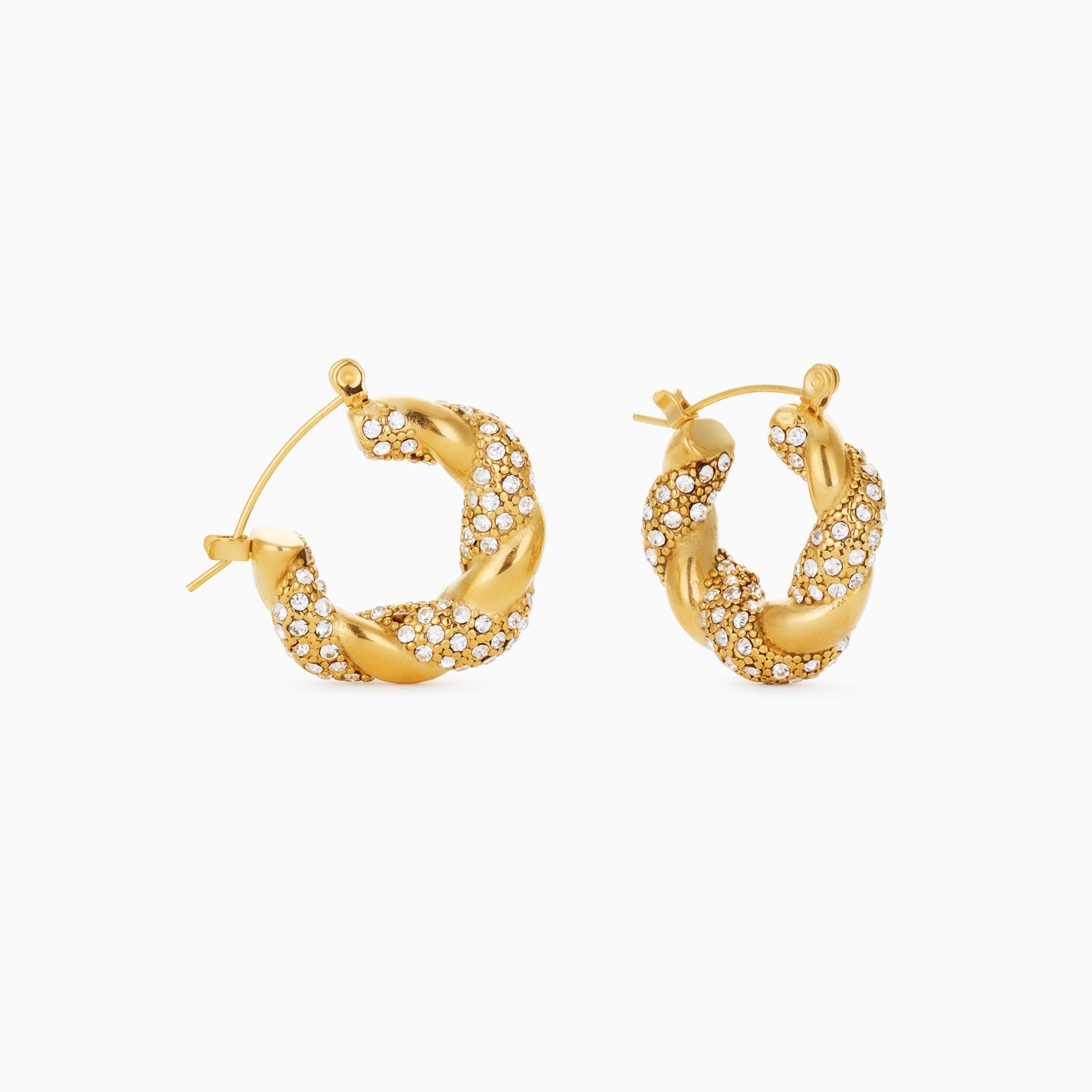 TWISTED SPARKLE HOOPS best gold plated tarnish and water resistant piece by Irish Jewellery brand - Lynott Jewellery