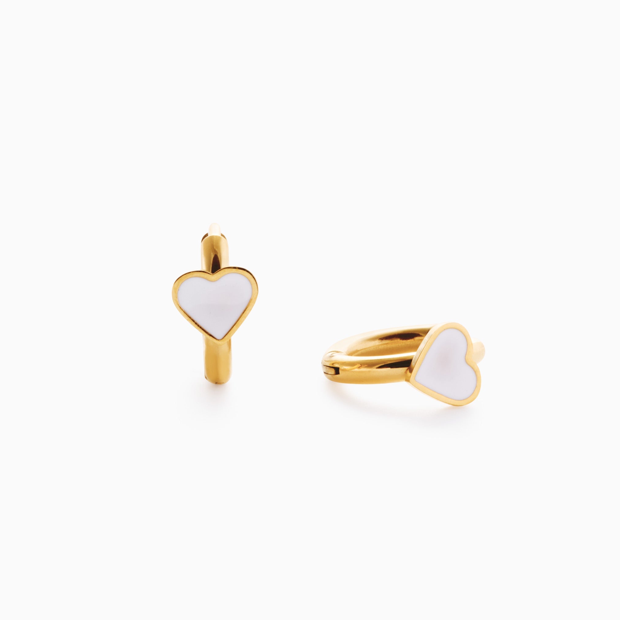 MOTHER OF PEARL HEART HUGGIES best gold plated tarnish and water resistant piece by Irish Jewellery brand - Lynott Jewellery