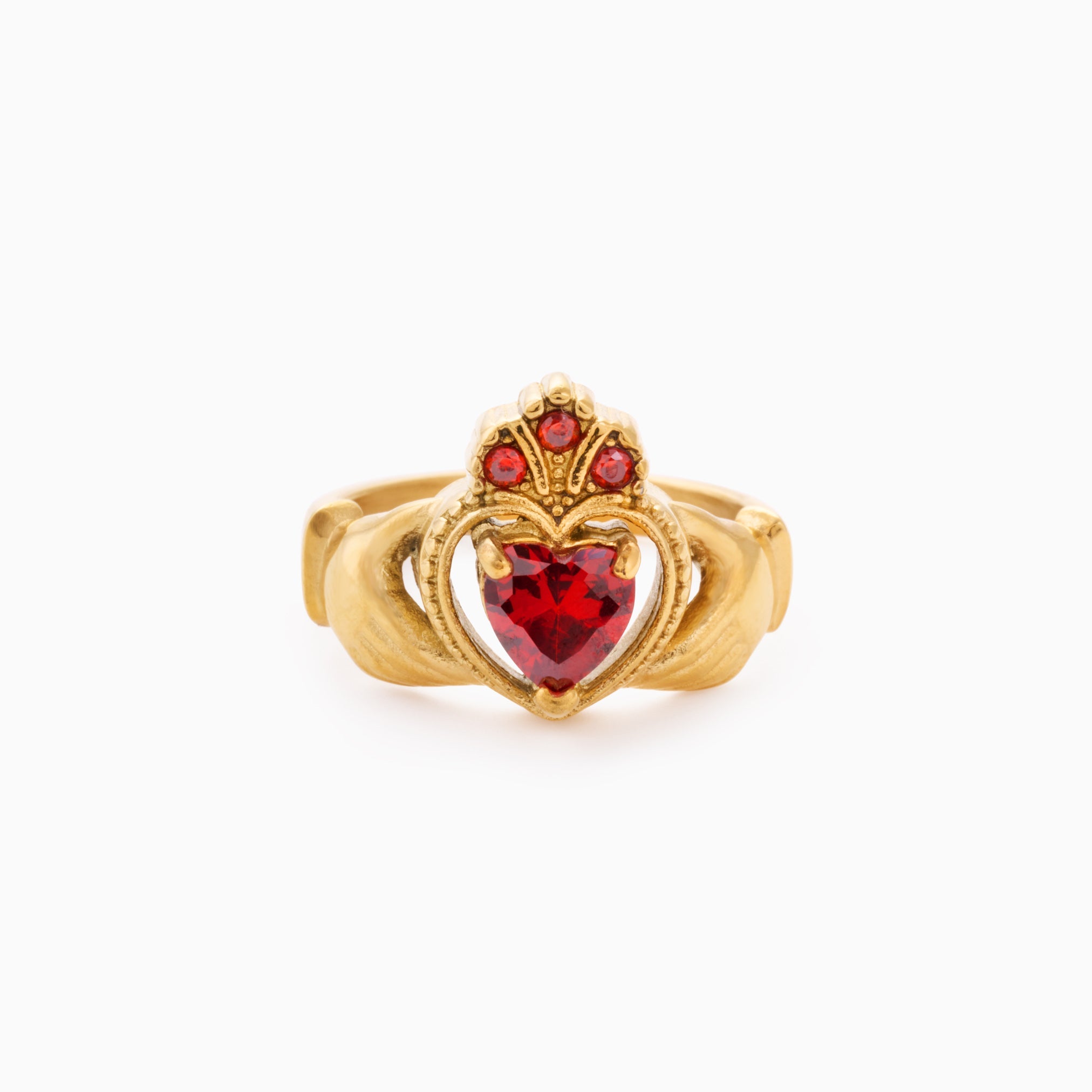 LAUREN X LYNOTT CUISLE MO CROI RUBY CLADDAGH RING best gold plated tarnish and water resistant piece by Irish Jewellery brand - Lynott Jewellery