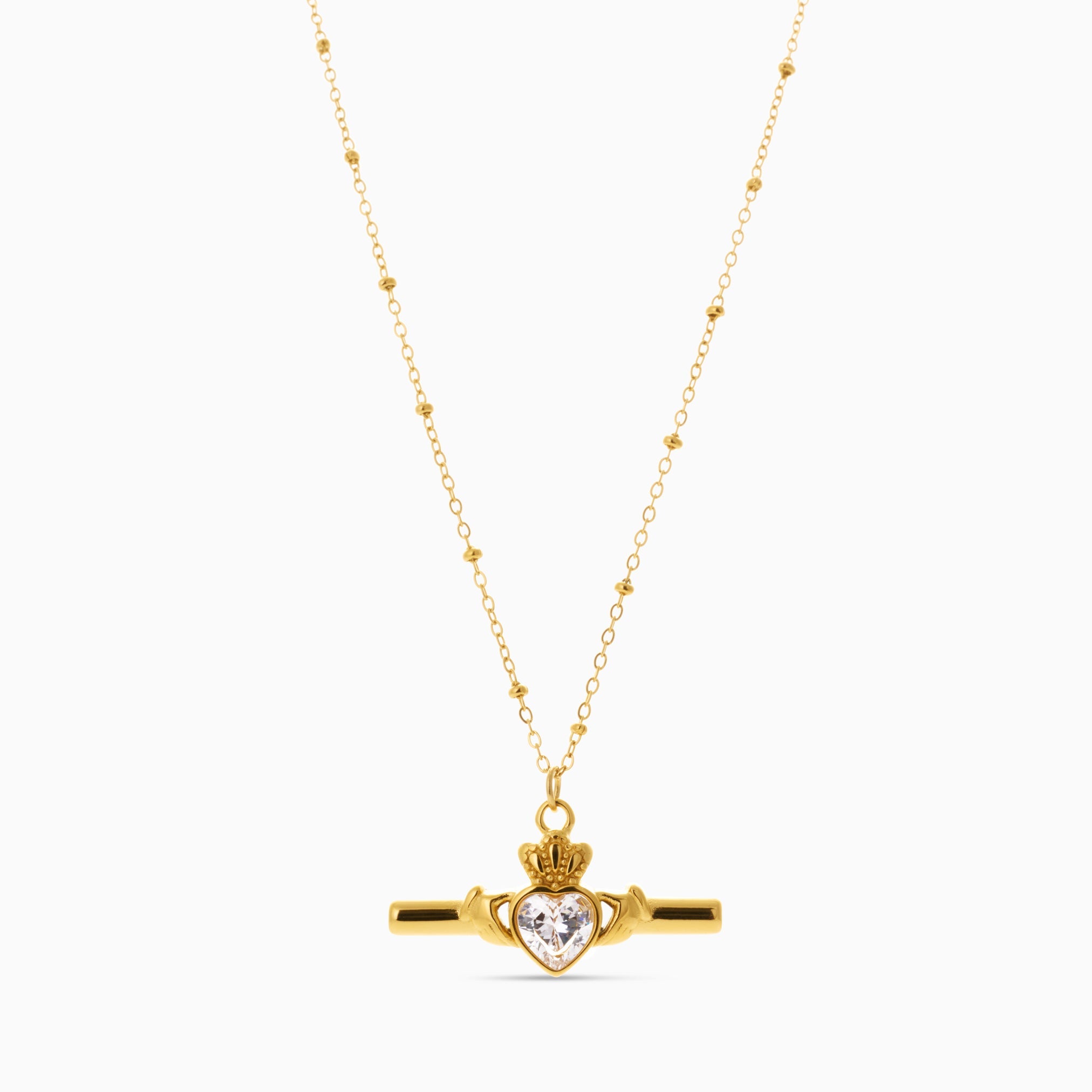 SAOIRSE CLADDAGH T BAR NECKLACE best gold plated tarnish and water resistant piece by Irish Jewellery brand - Lynott Jewellery