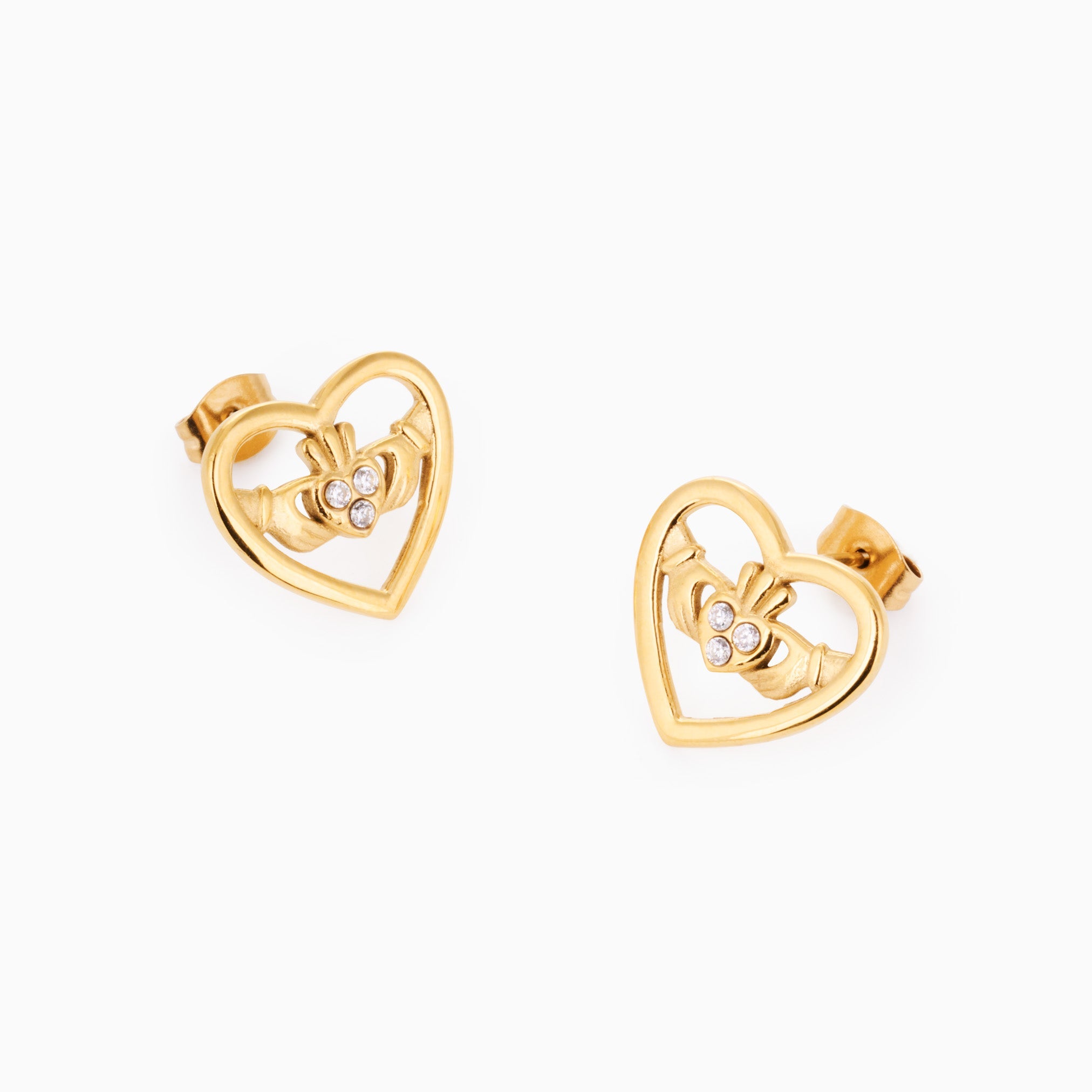 MEGAN FORTE CLARKE DOLL FACE MINI CLADDAGH STUDS best gold plated tarnish and water resistant piece by Irish Jewellery brand - Lynott Jewellery
