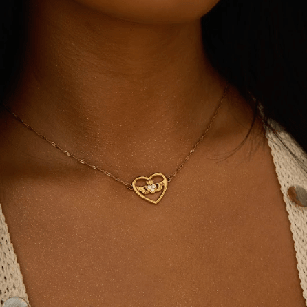 MEGAN FORTE CLARKE LOUD MOUTH CLADDAGH NECKLACE best gold plated tarnish and water resistant piece by Irish Jewellery brand - Lynott Jewellery