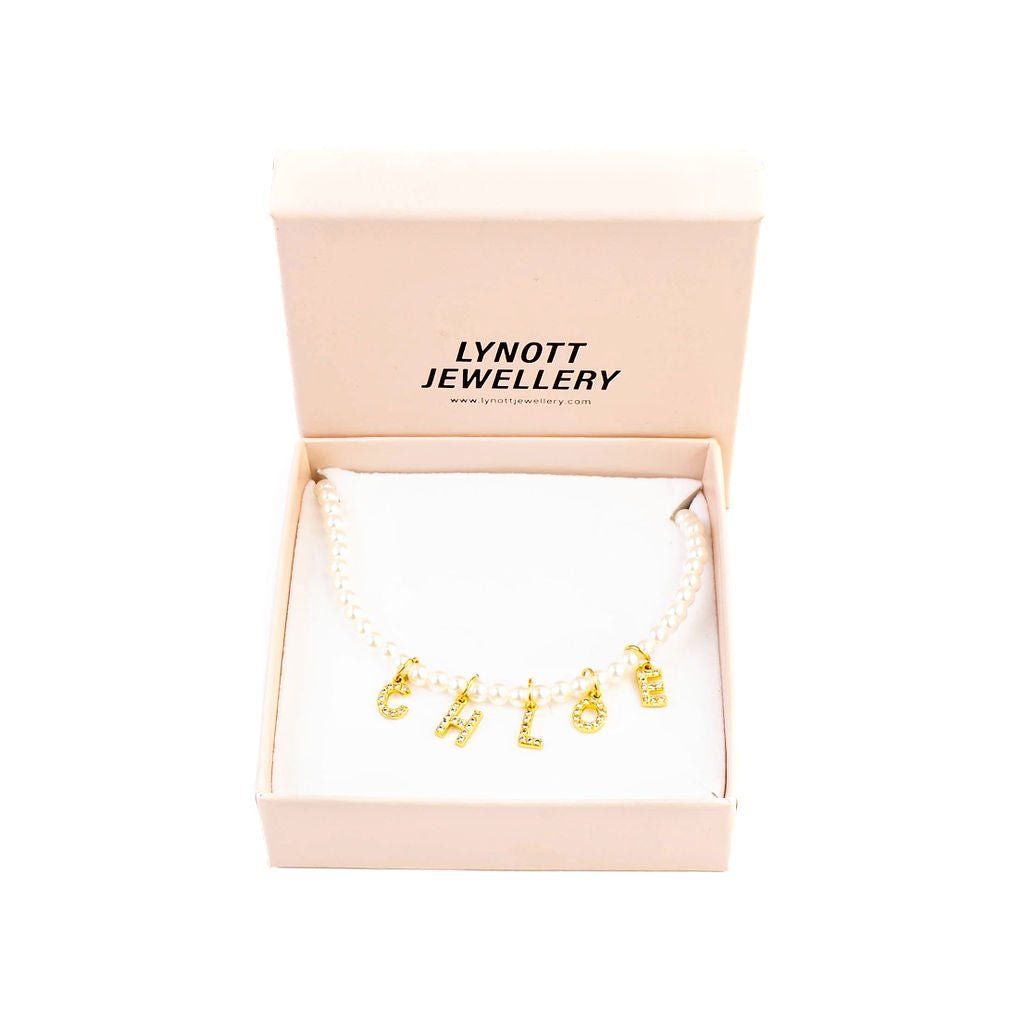 PEARL NAME NECKLACE best gold plated tarnish and water resistant piece by Irish Jewellery brand - Lynott Jewellery