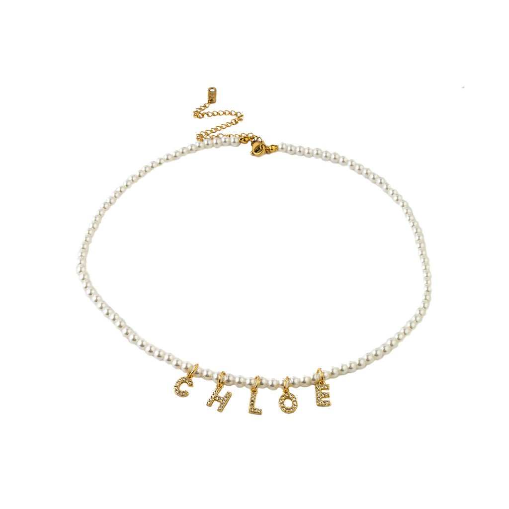 PEARL NAME NECKLACE best gold plated tarnish and water resistant piece by Irish Jewellery brand - Lynott Jewellery