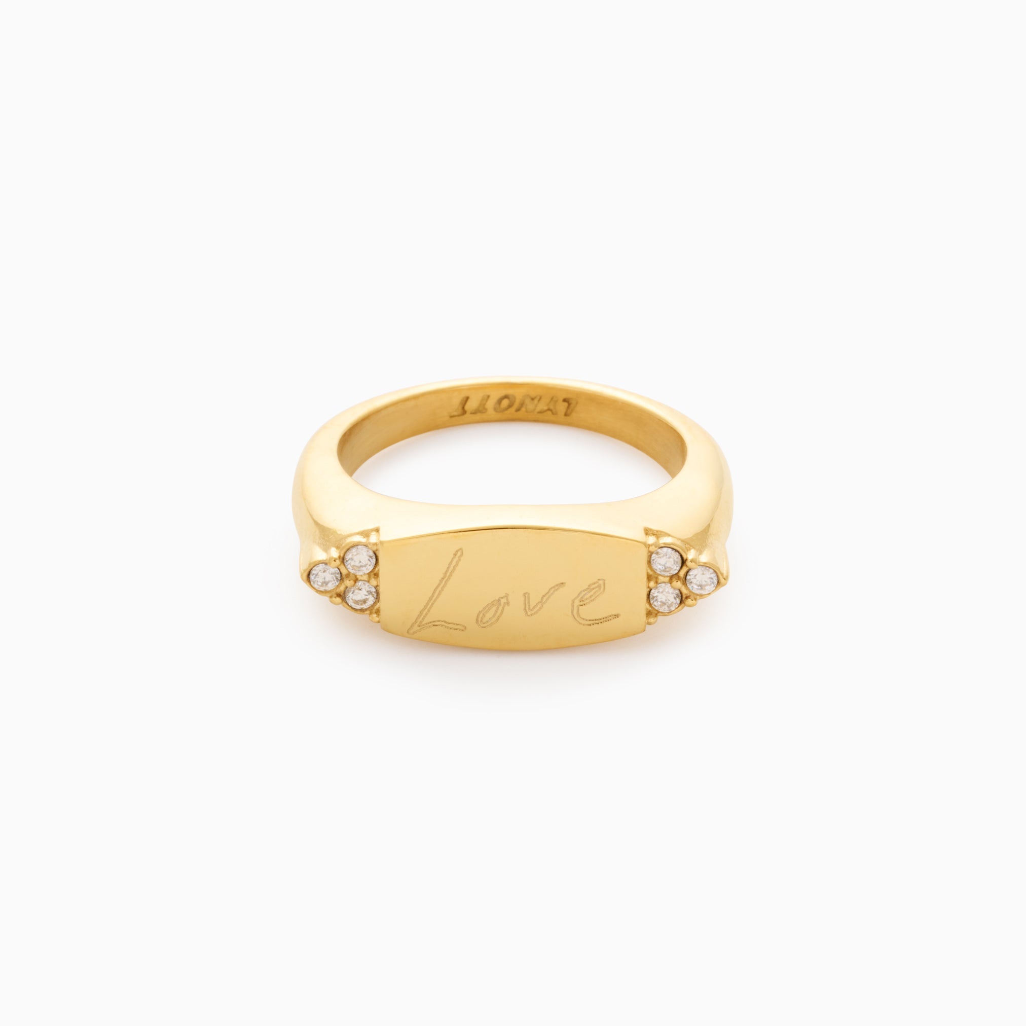 WHISPERING CLOVER ENGRAVABLE RING best gold plated tarnish and water resistant piece  Irish Jewellery brand Lynott Jewellery