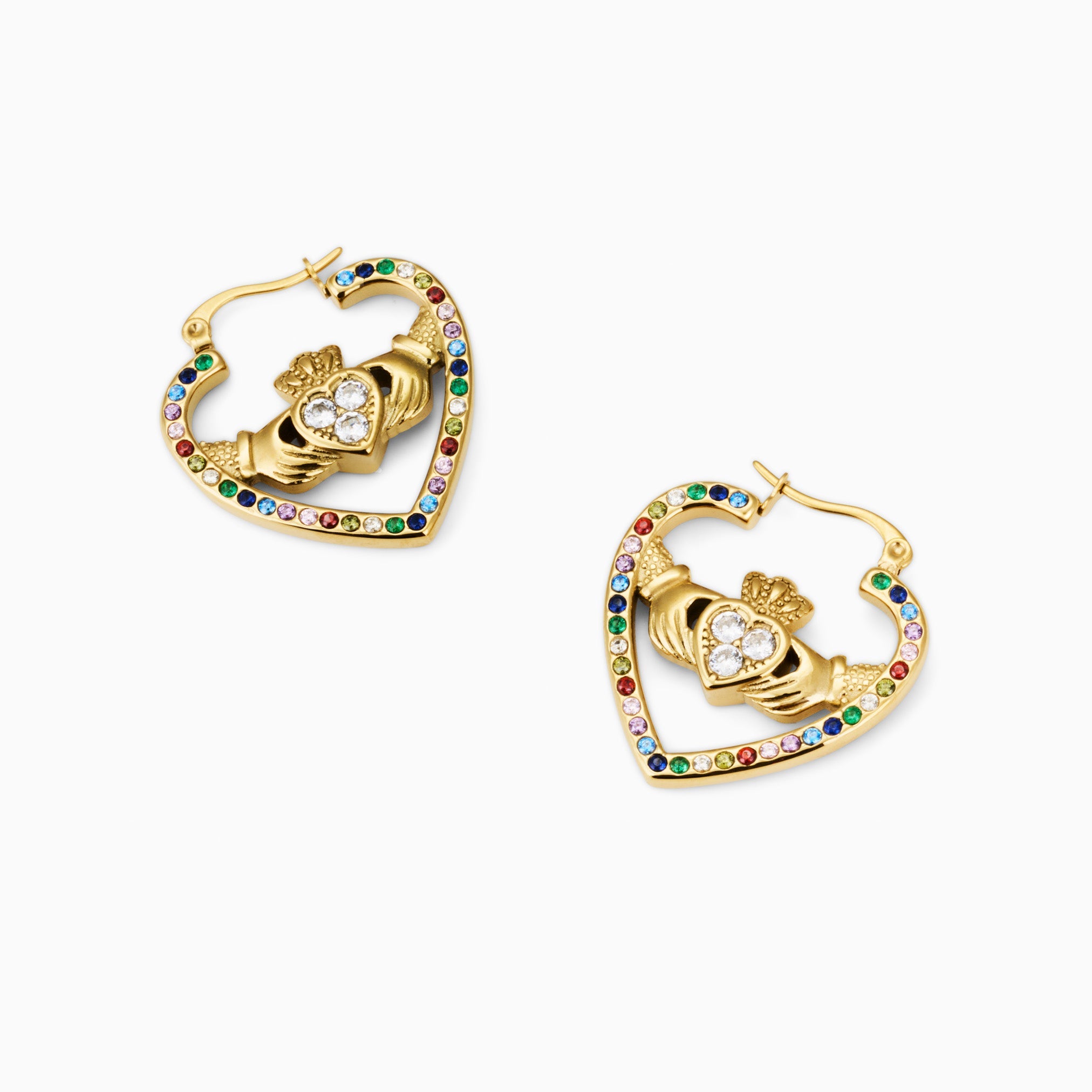MEGAN FORTE CLARKE DRAMA QUEEN HEART CLADDAGH HOOPS best gold plated tarnish and water resistant piece by Irish Jewellery brand - Lynott Jewellery