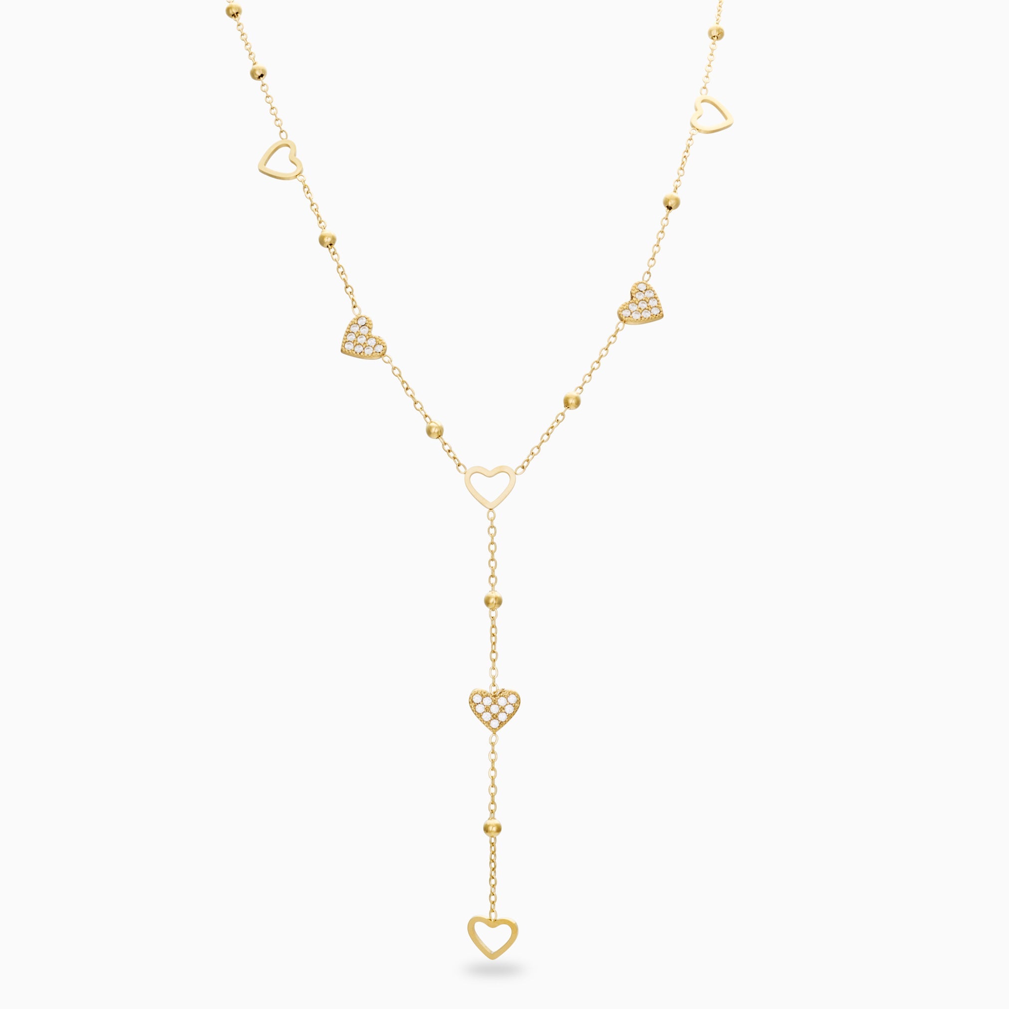 DROP DOWN GLIMMER HEARTS NECKLACE best gold plated tarnish and water resistant piece by Irish Jewellery brand - Lynott Jewellery