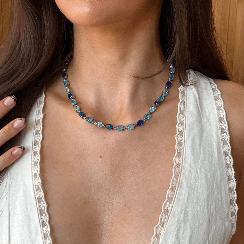 BALI BLUE GEM NECKLACE best gold plated tarnish and water resistant piece by Irish Jewellery brand - Lynott Jewellery