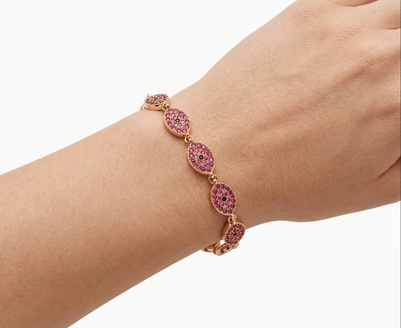 SANTORINI DARK PINK EVIL EYE BRACELET best gold plated tarnish and water resistant piece by Irish Jewellery brand - Lynott Jewellery
