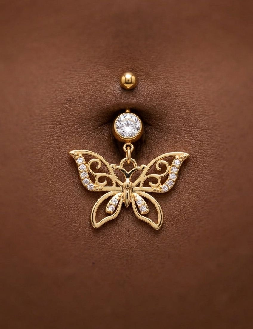 BUTTERFLY KISS BELLY BUTTON PIERCING best gold plated tarnish and water resistant piece by Irish Jewellery brand - Lynott Jewellery