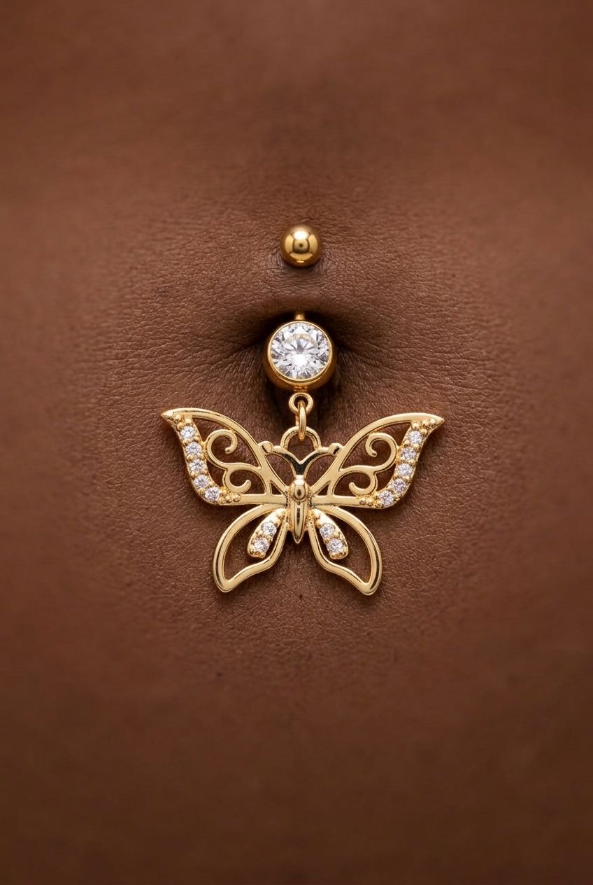 BUTTERFLY KISS BELLY BUTTON PIERCING best gold plated tarnish and water resistant piece by Irish Jewellery brand - Lynott Jewellery
