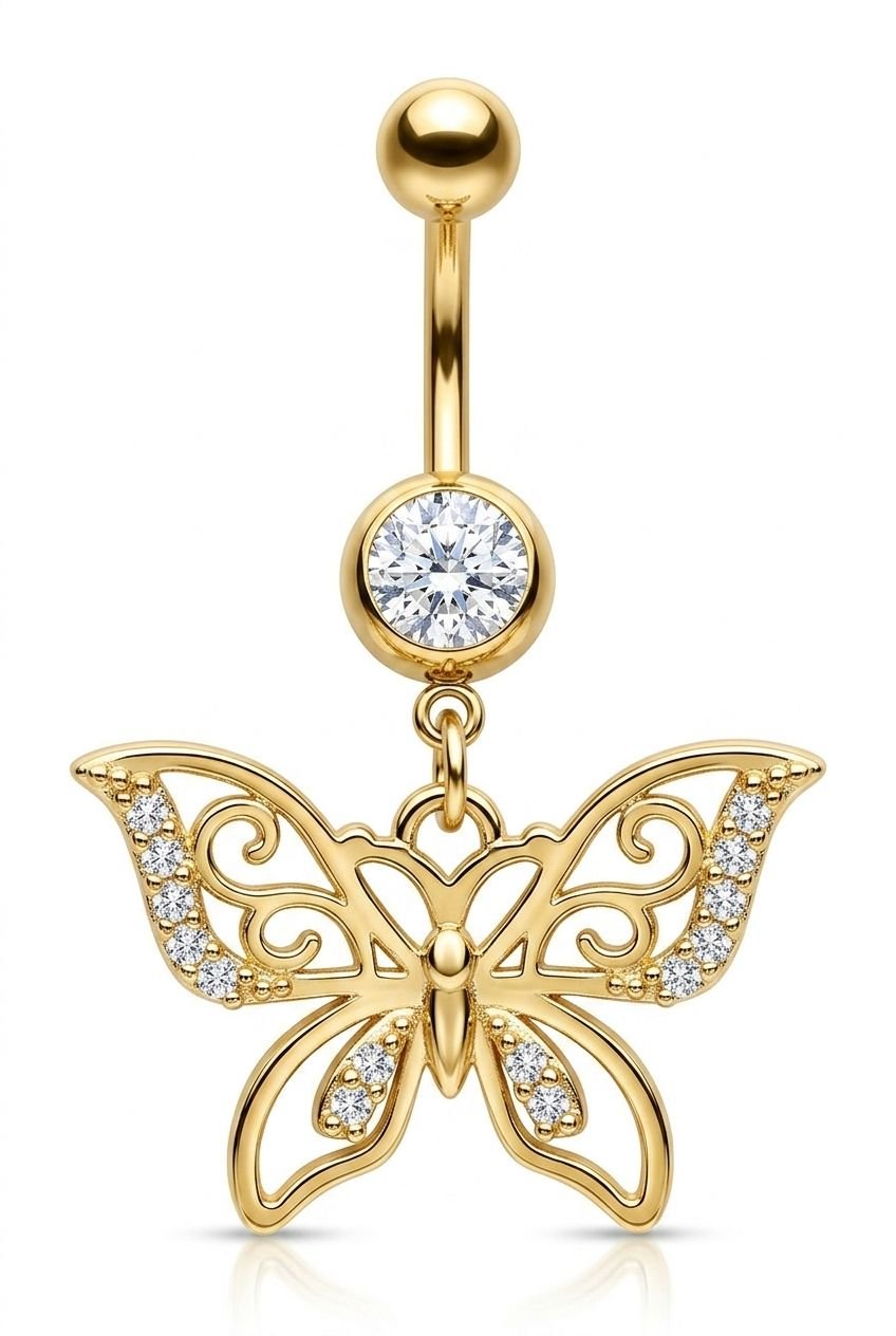 BUTTERFLY KISS BELLY BUTTON PIERCING best gold plated tarnish and water resistant piece by Irish Jewellery brand - Lynott Jewellery