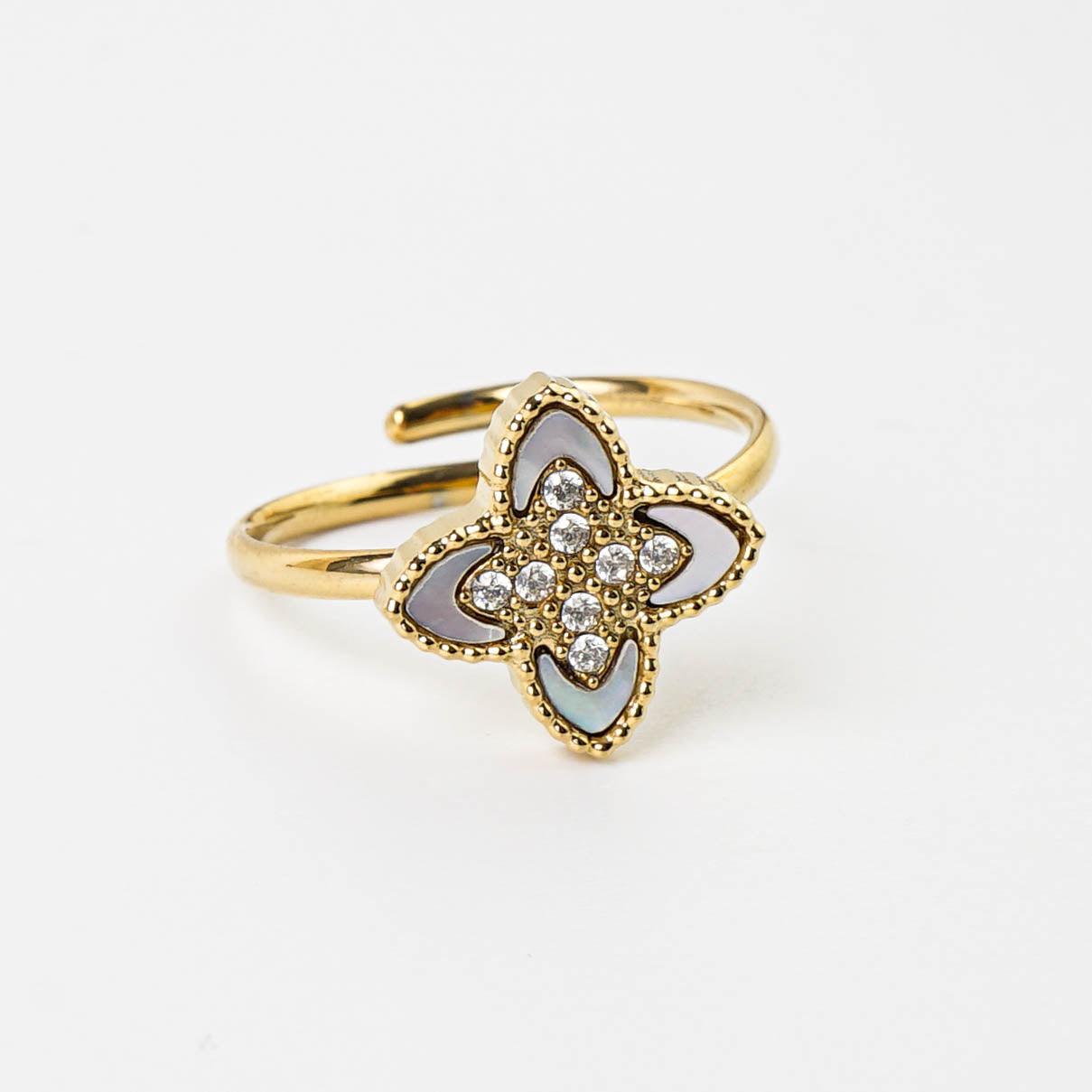 PASSIONATE ADJUSTABLE CLOVER RING WHITE best gold plated tarnish and water resistant piece by Irish Jewellery brand - Lynott Jewellery