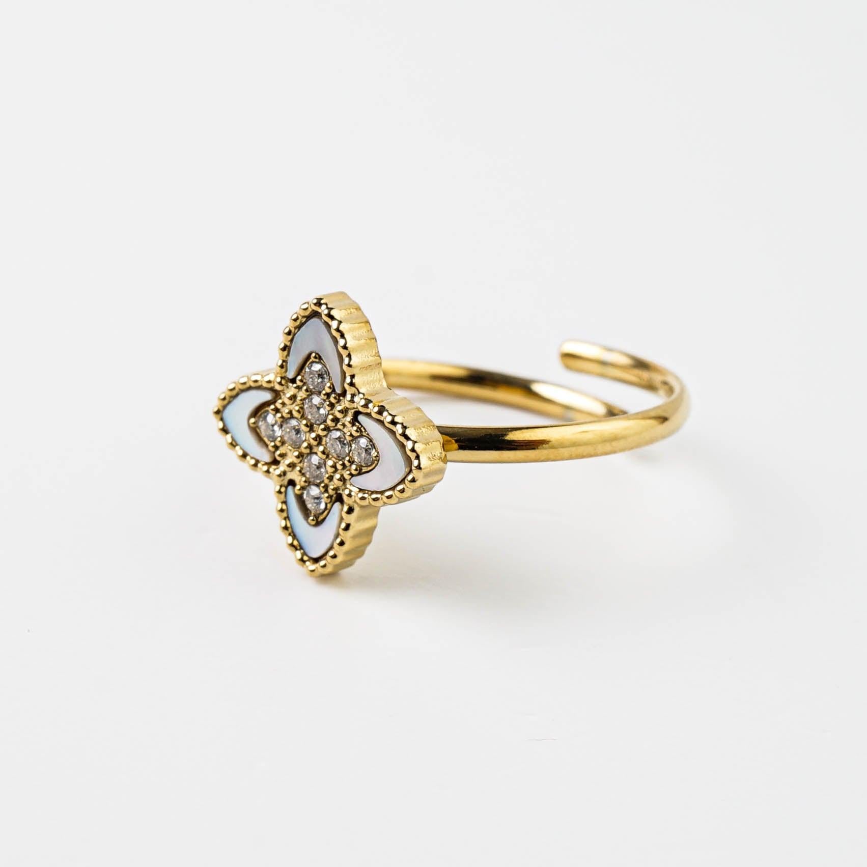 PASSIONATE ADJUSTABLE CLOVER RING WHITE best gold plated tarnish and water resistant piece by Irish Jewellery brand - Lynott Jewellery