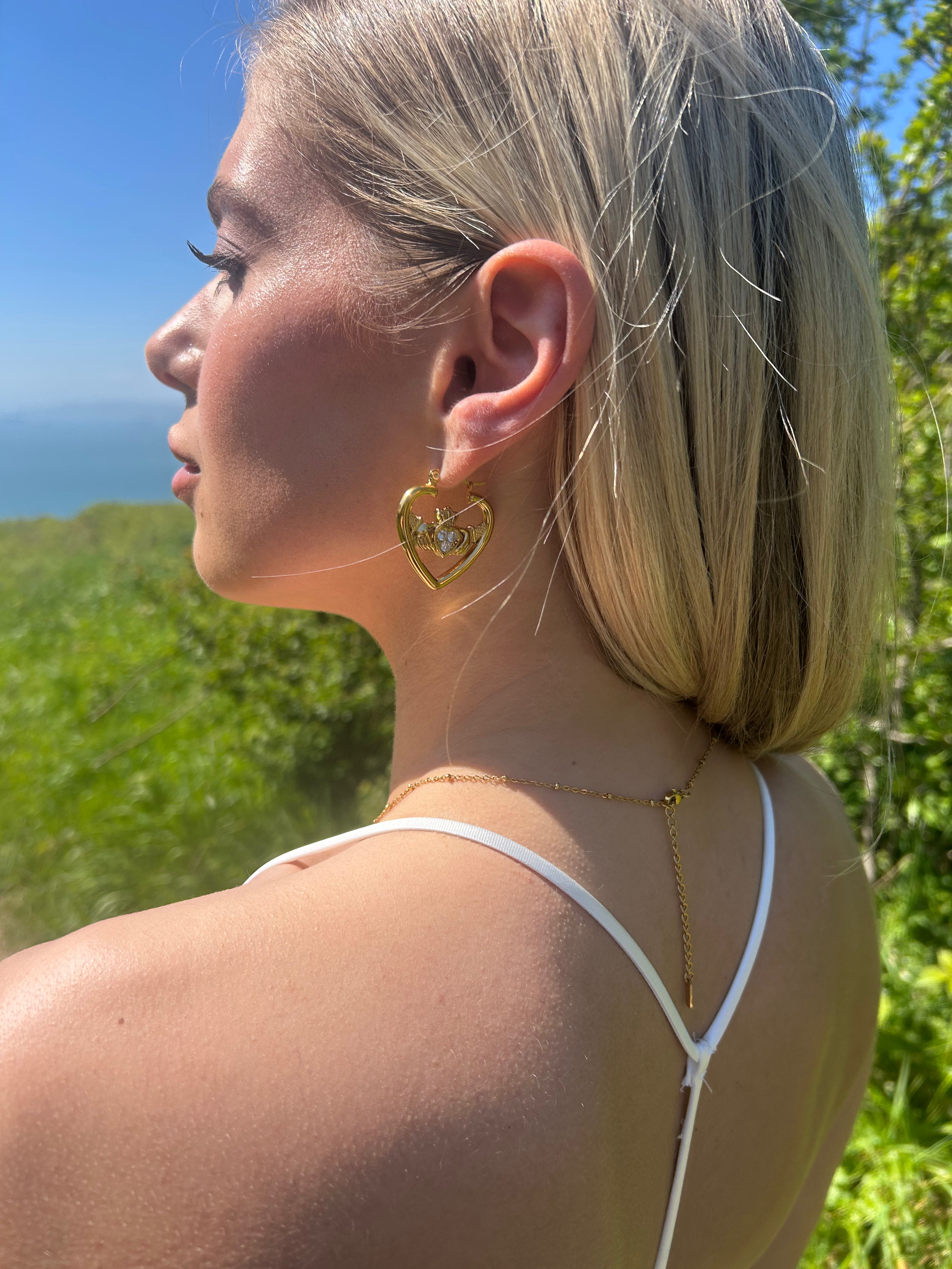 RÍONA HEART CLADDAGH HOOPS best gold plated tarnish and water resistant piece by Irish Jewellery brand - Lynott Jewellery