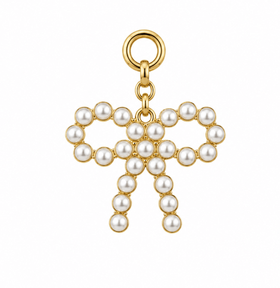 PEARL BOW CHARM best gold plated tarnish and water resistant piece by Irish Jewellery brand - Lynott Jewellery