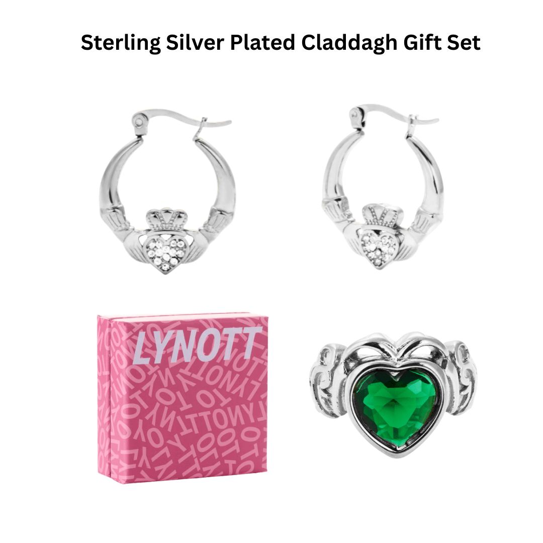 Silver Chunky Claddagh Earrings & Emerald Green Ring (Boxed Gift Set) best gold plated tarnish and water resistant piece by Irish Jewellery brand - Lynott Jewellery