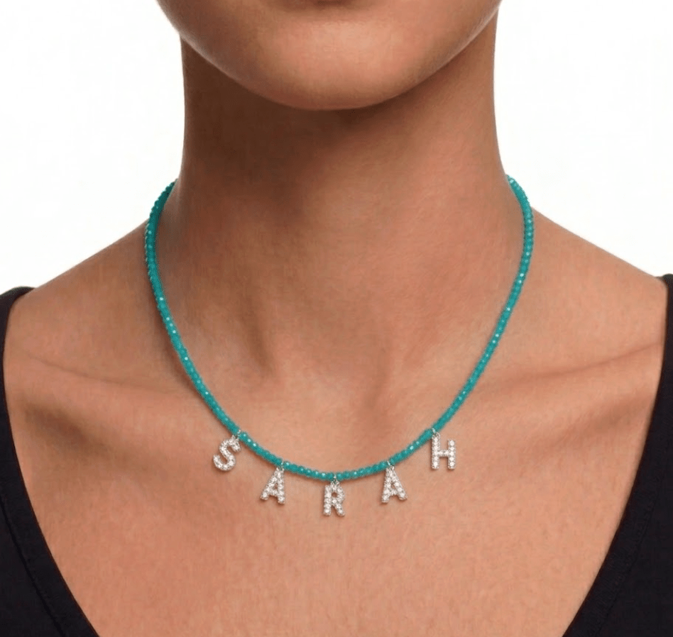 PERSONALISED BLUE NAME NECKLACE best gold plated tarnish and water resistant piece by Irish Jewellery brand - Lynott Jewellery
