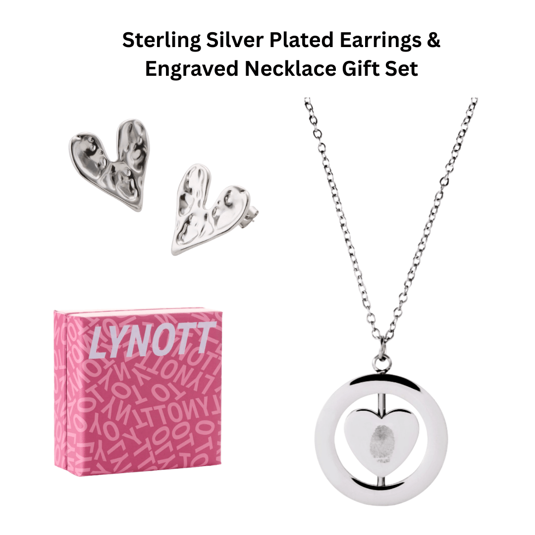 Heart Earrings & Engravable Necklace Boxed Gift Set (Silver) best gold plated tarnish and water resistant piece by Irish Jewellery brand - Lynott Jewellery