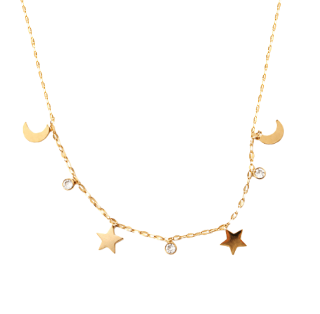 MOON, STAR & DIAMOND CHARM NECKLACE best gold plated tarnish and water resistant piece by Irish Jewellery brand - Lynott Jewellery