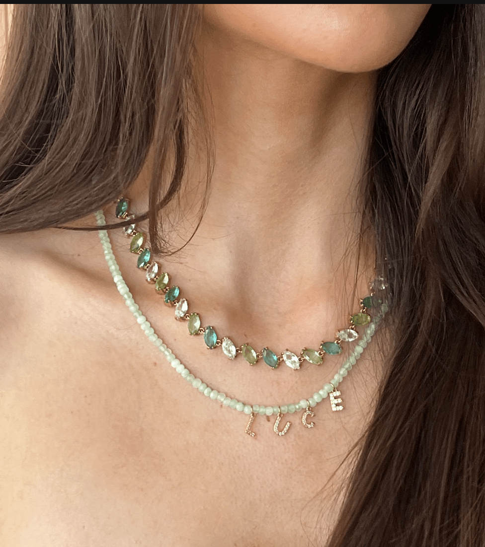 PERSONALISED GREEN NAME NECKLACE best gold plated tarnish and water resistant piece by Irish Jewellery brand - Lynott Jewellery