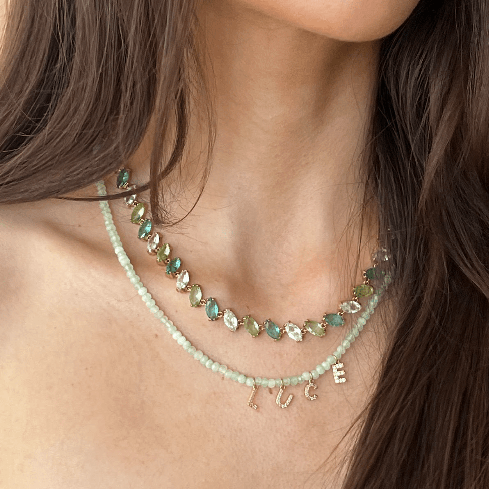 PERSONALISED GREEN NAME NECKLACE best gold plated tarnish and water resistant piece by Irish Jewellery brand - Lynott Jewellery